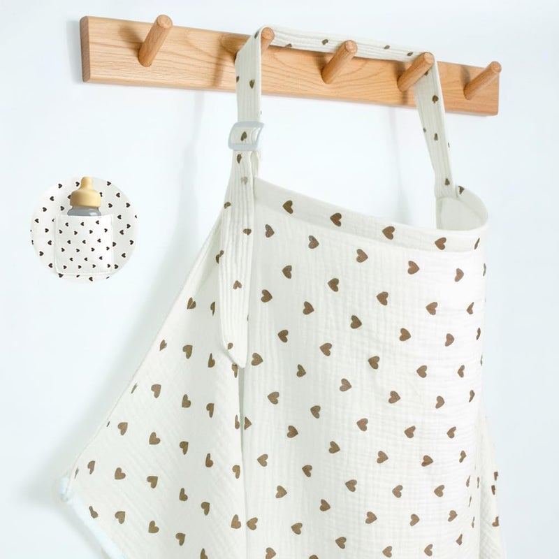 MUGVELL Muslin Nursing Covers for Breastfeeding, Arch Neckline Breast Feeding Covers for Women, Moms Privacy Breathable Summer Nursing Apron, 43.3" x 25.6" Soft Feeding Cover (Beige Sweet Khaki Heart) - Image 1